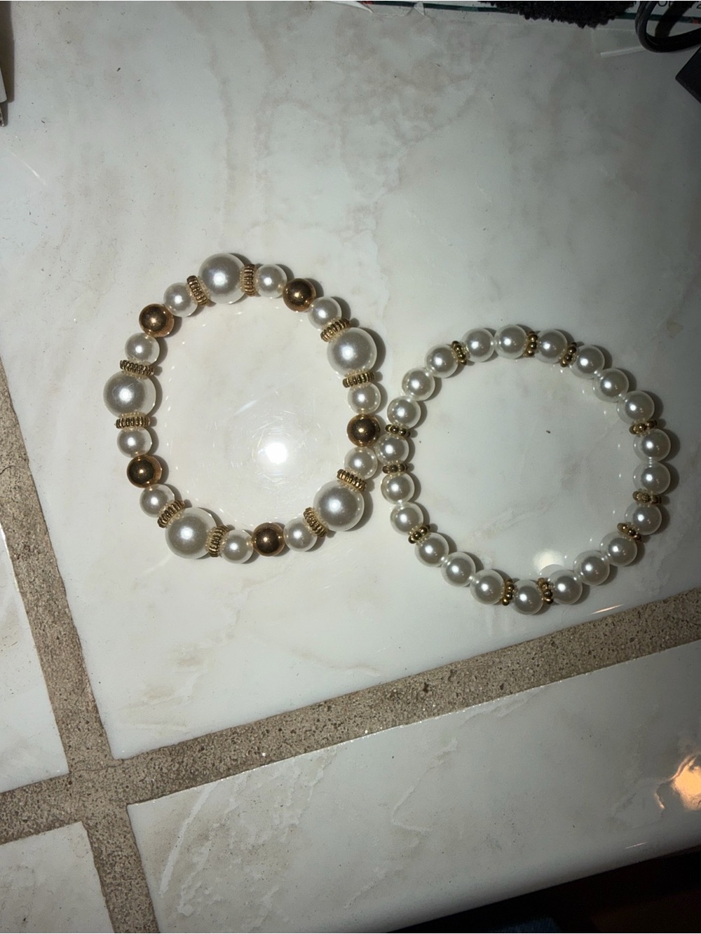 Gold and Pearl Beaded Stretch Bracelet Set - Women Jewelry